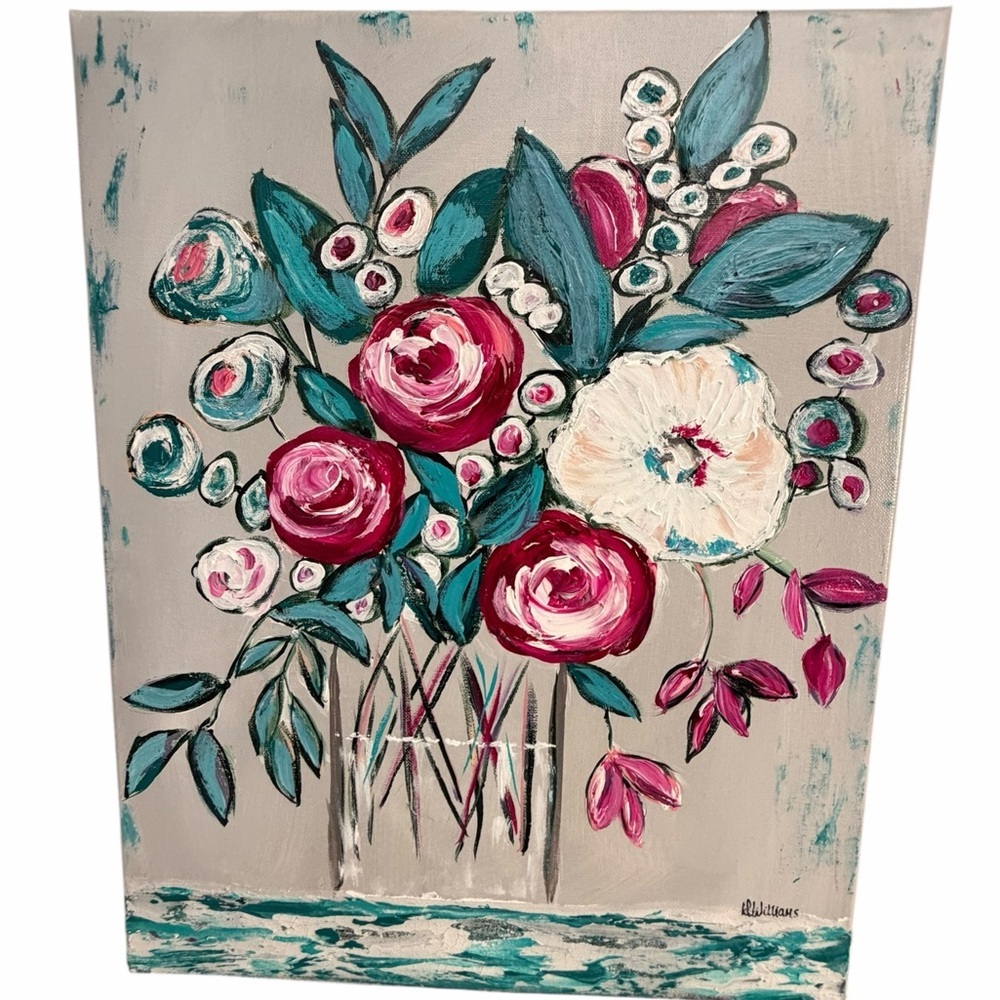 Original Artwork Acrylic on Canvas Floral Wall Art with Teal and Pink  16 x 20"